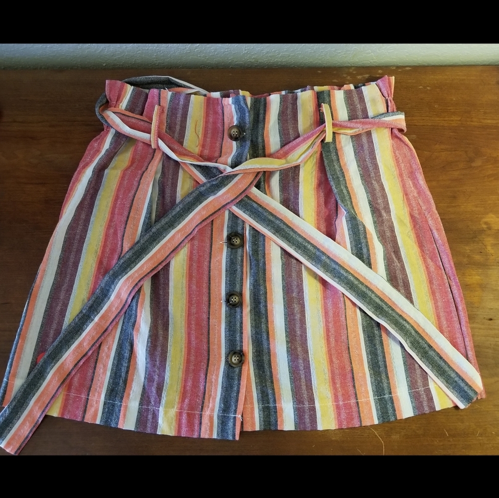 Striped Belted Button Paperbag Waist Mini Skirt L